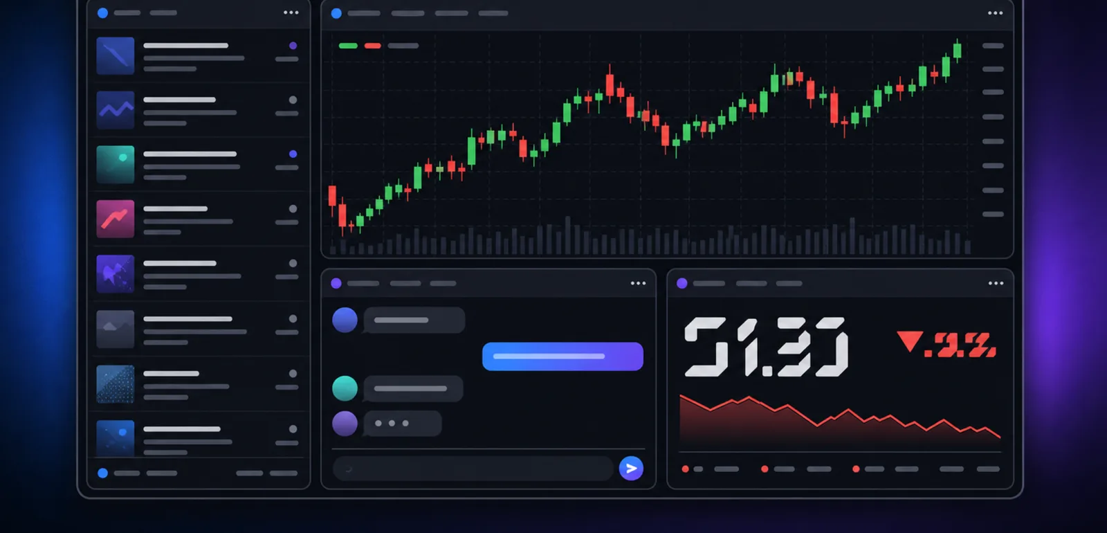 A SplitWeb board: a tall news column, a large candlestick chart, a conversation pane and a pane cropped to a single price.